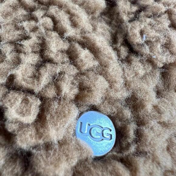 UGG Women’s Sherpa Fleece Jacket XS Brown White Yellow Retro Full Zip Teddy Coat - Picture 3 of 6